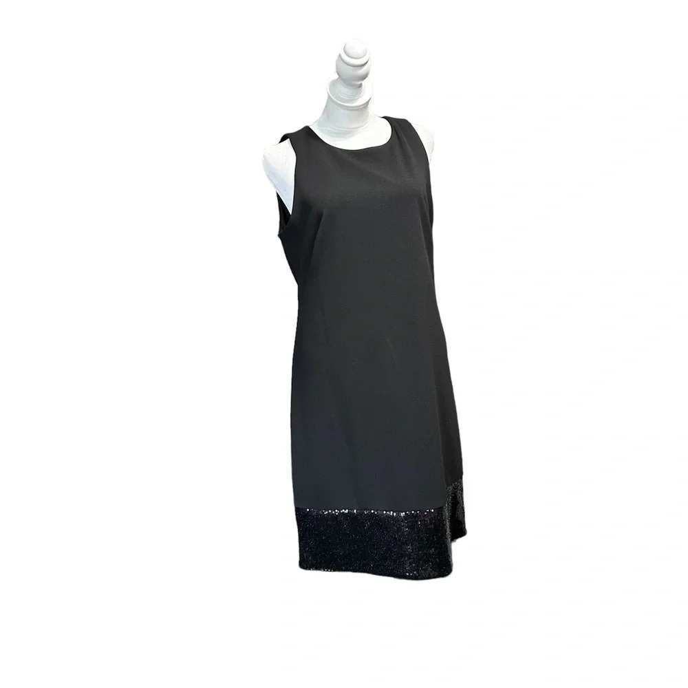 VINCE CAMUTO Sleeveless Sequin Hem modest Dress Size 10 Black Stretchy Lined